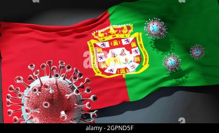 Covid a Granada - coronavirus che attacca una bandiera della città di Granada come simbolo di una lotta e lotta con il virus pandemic in questa città, 3d Illustrat Foto Stock