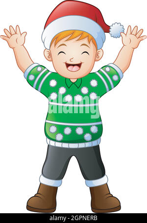 Buon ragazzo cartone animato con un pullover di natale verde Illustrazione Vettoriale