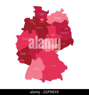 Carta politica rosa della Germania. Divisioni amministrative - Stati federali e 3 città-stati - Berlino, Brema e Amburgo. Semplice mappa vettoriale piatta con etichette Illustrazione Vettoriale