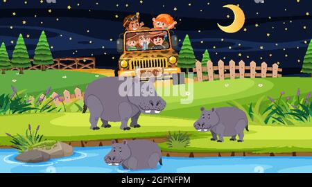 Safari nella scena notturna con molti bambini che guardano l'illustrazione di gruppo dell'ippopotamo Illustrazione Vettoriale