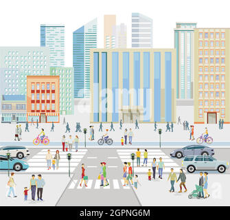 Strade di fronte a una grande illustrazione della città Illustrazione Vettoriale