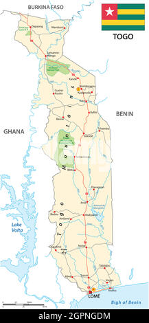 mappa stradale vettoriale dello stato dell'africa occidentale togo con bandiera Illustrazione Vettoriale