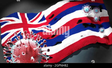 Covid in Hawaii - coronavirus che attacca una bandiera di stato delle Hawaii come simbolo di una lotta e lotta con il virus pandemic in questo stato, 3d Illustrat Foto Stock