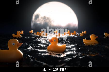 Un concetto surreale che mostra una collezione di anatre di gomma su una superficie turbolenta di acqua di fronte a una luna piena all'orizzonte di notte - rendering 3D Foto Stock