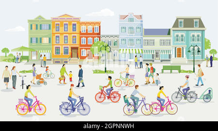 Ciclisti e pedoni nel sobborgo Illustrazione Vettoriale