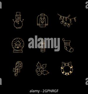 Golden Natale icone. Decorazioni natalizie su sfondo nero. Icone vettoriali di natale Illustrazione Vettoriale