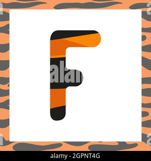Lettera F con modello di tigre. Carattere festivo e cornice arancione con alfabeto a righe nere, simbolo per Capodanno e Natale Illustrazione Vettoriale