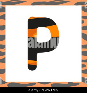 Lettera P con modello di tigre. Carattere festivo e cornice arancione con alfabeto a righe nere, simbolo per Capodanno e Natale Illustrazione Vettoriale