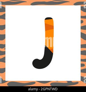 Lettera J con modello di tigre. Carattere festivo e cornice arancione con alfabeto a righe nere, simbolo per Capodanno e Natale Illustrazione Vettoriale