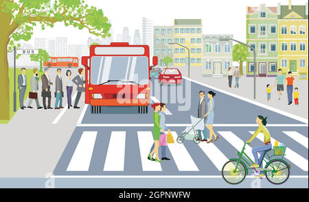 Traffico stradale con fermata dell'autobus, pedoni sulla traversata zebra e illustrazione ciclisti Illustrazione Vettoriale