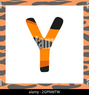 Lettera Y con motivo tigre. Carattere festivo e cornice arancione con alfabeto a righe nere, simbolo per Capodanno e Natale Illustrazione Vettoriale