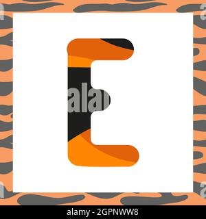 Lettera e con modello tigre. Carattere festivo e cornice arancione con alfabeto a righe nere, simbolo per Capodanno e Natale Illustrazione Vettoriale