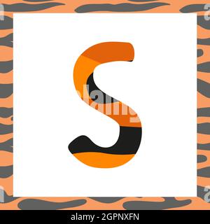 Lettera S con motivo tigre. Carattere festivo e cornice arancione con alfabeto a righe nere, simbolo per Capodanno e Natale Illustrazione Vettoriale