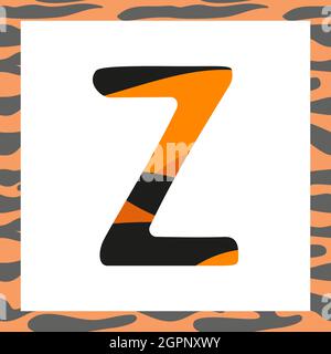 Lettera Z con motivo tigre. Carattere festivo e cornice arancione con alfabeto a righe nere, simbolo per Capodanno e Natale Illustrazione Vettoriale