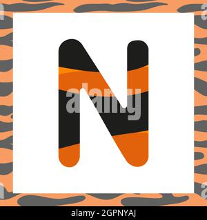 Lettera N con motivo tigre. Carattere festivo e cornice arancione con alfabeto a righe nere, simbolo per Capodanno e Natale Illustrazione Vettoriale