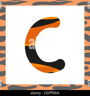 Lettera C con modello di tigre. Carattere festivo e cornice arancione con alfabeto a righe nere, simbolo per Capodanno e Natale Illustrazione Vettoriale