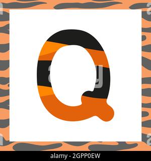 Lettera Q con motivo tigre. Carattere festivo e cornice arancione con alfabeto a righe nere, simbolo per Capodanno e Natale Illustrazione Vettoriale