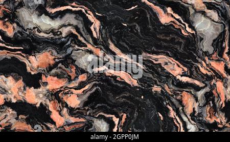 Motivo in marmo nero con venature grigio e arancione ricci. Trama astratta e sfondo. Illustrazione 2D Foto Stock