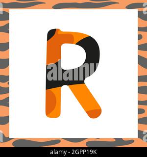 Lettera R con modello di tigre. Carattere festivo e cornice arancione con alfabeto a righe nere, simbolo per Capodanno e Natale Illustrazione Vettoriale