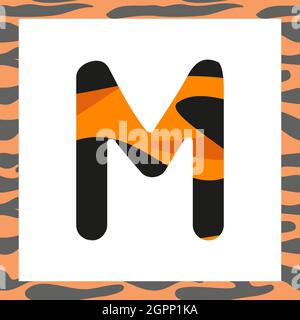 Lettera M con motivo tigre. Carattere festivo e cornice arancione con alfabeto a righe nere, simbolo per Capodanno e Natale Illustrazione Vettoriale