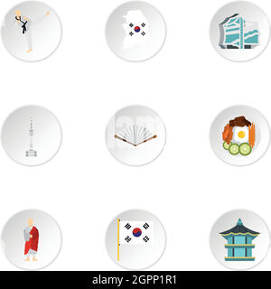 Turismo in Corea del Sud icone set, stile piatto Illustrazione Vettoriale