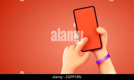 Tenere il telefono in due mani. Mokup telefono. Modello di smartphone modificabile. Toccare lo schermo con un dito. Illustrazione vettoriale Illustrazione Vettoriale