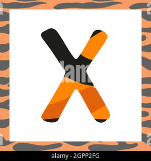 Lettera X con motivo tigre. Carattere festivo e cornice arancione con alfabeto a righe nere, simbolo per Capodanno e Natale Illustrazione Vettoriale