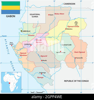 Mappa vettoriale amministrativa dello stato africano del Gabon con bandiera Illustrazione Vettoriale