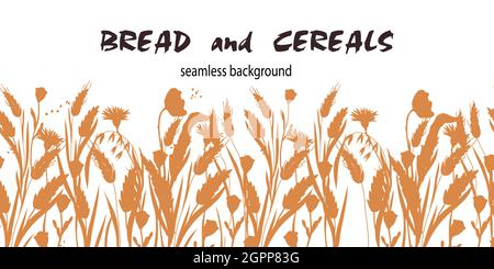 Grano senza fine, orzo e avena cereali silhouette sfondo, illustrazione vettoriale piatta isolato su sfondo bianco. Bordo ripetibile senza cuciture per bre Illustrazione Vettoriale