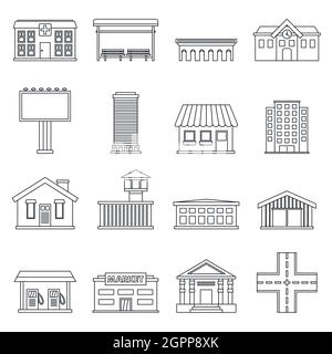 Città gli elementi dell'infrastruttura set di icone di stile di contorno Illustrazione Vettoriale