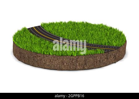 strada e terreno rotondo con erba verde su sfondo bianco. Illustrazione 3D isolata Foto Stock