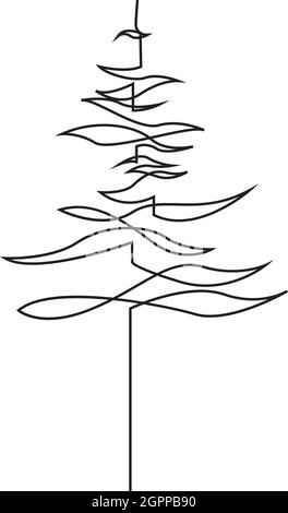 Disegno continuo del pino. Abete. Nero isolato su sfondo bianco. Illustrazione vettoriale dell'albero di natale disegnata a mano Illustrazione Vettoriale