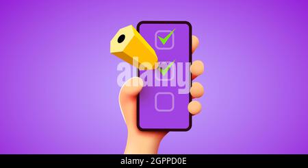 la mano 3D carino tiene lo smartphone con checklist o wishlist e matita. Concetto di pianificazione. Illustrazione vettoriale Illustrazione Vettoriale