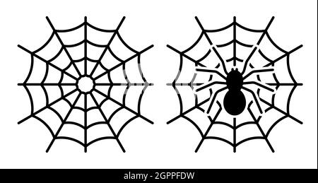 Icona lineare. Ragnatela con ragnatela nera al centro. Elemento di design per Halloween. Semplice vettore bianco e nero isolato su sfondo bianco Illustrazione Vettoriale