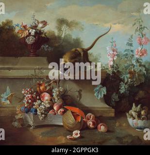 Ancora vita con scimmia, frutti e fiori, 1724. Foto Stock