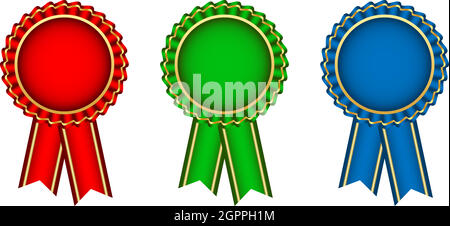 Nastro premio in rosso, verde, blu e come vettore su bianco isolato retro. Illustrazione Vettoriale