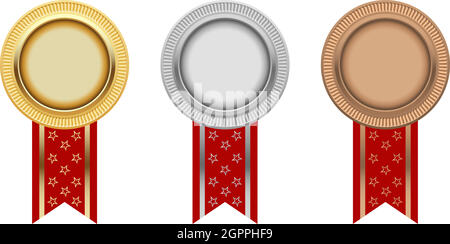 Medal Vector Award nastro in oro, argento e bronzo su dorso bianco isolato. Illustrazione Vettoriale