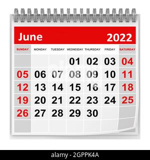Calendario - Giugno 2022 , questa è un'immagine 3d generata dal computer. Isolato su bianco. Foto Stock