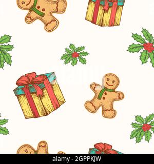 Natale disegno a mano vettore senza giunture sfondo modello. Confezione regalo, Ginger cookie Man e Mistletoe Sketches Card o modello di copertina. Decorazione di festa Illustrazione Vettoriale
