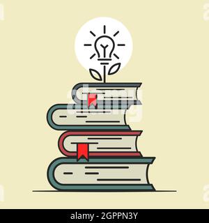 Mucchio di libri spessi con segnalibri. Libri con lampada elettrica. Educazione, studio, concetto di saggezza. Stile piatto. Isolato. Illustrazione Vettoriale