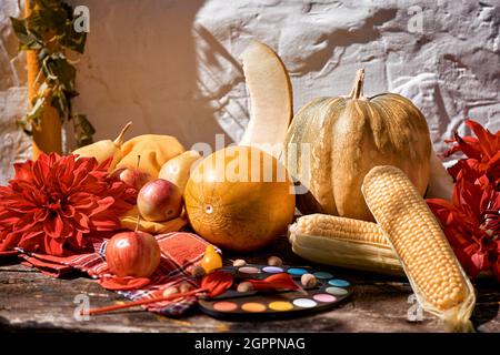 Autunno vita morta moderna con ombre alla moda: Verdure gialle, frutta e colori brillanti con pennello, zucca, pere, mela e melone. Decorazione in georgine rosso autunno. Concetto di giorno del ringraziamento Foto Stock