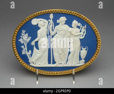 Placca con Bacco e due Bacchantes, Burslem, c. 1789. Foto Stock