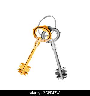 Coppia di antiche chiavi porta su anello isolato su bianco Illustrazione Vettoriale