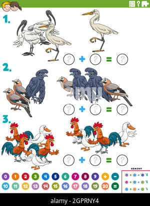 attività didattica di aggiunta matematica con personaggi di uccelli cartoon Illustrazione Vettoriale