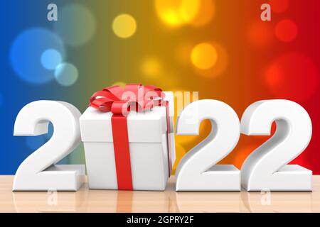 Cartello di Capodanno 2022 con Gift Box e nastro rosso su un tavolo in legno. Rendering 3d Foto Stock