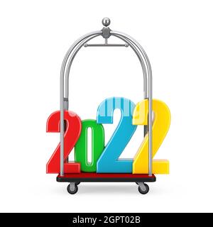 Color 2022 New Year Sign over Silver Chrome Luxury Hotel Carrello per bagagli su sfondo bianco. Rendering 3d Foto Stock