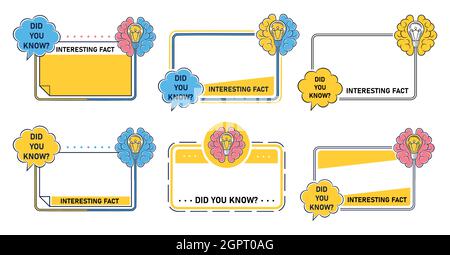Sapevate che il quadro di citazione con bulbo, thinking brain icon set. Informazioni interessanti, fatti divertenti, suggerimenti rapidi. Modello di casella di consulenza, conoscenza. Vettore Illustrazione Vettoriale