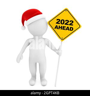 Persona in 3d con il cartello del traffico 2022 in avanti su sfondo bianco. Rendering 3d Foto Stock