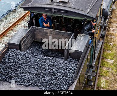 Incontro con la locomotiva a vapore presso il Museo ferroviario di Odense (Jernbanemuseum) a Odense, Danimarca. A causa del ritardo di un anno di Corona, l'evento (Dampdage 2021) ha commemorato la fine dell'operazione danese della locomotiva a vapore mezzo secolo fa nel 1970 Foto Stock