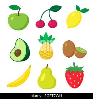 Set di frutti e bacche vettoriali. Stile cartoon flat. Mela, ciliegia, limone, avocado, ananas, kiwi, banana, pera e fragola. Stampa per le ricette Illustrazione Vettoriale